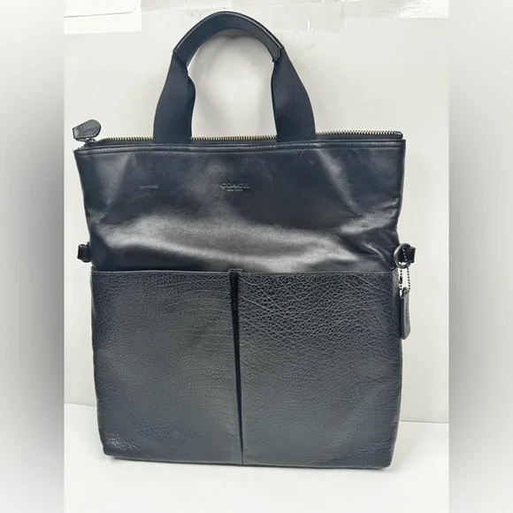 Coach Leather Charles Foldover Tote Bag Black Large